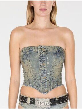 GUESS USA Silver Stud Embellished Gusa Indigo Brown Tint Denim Corset Large
